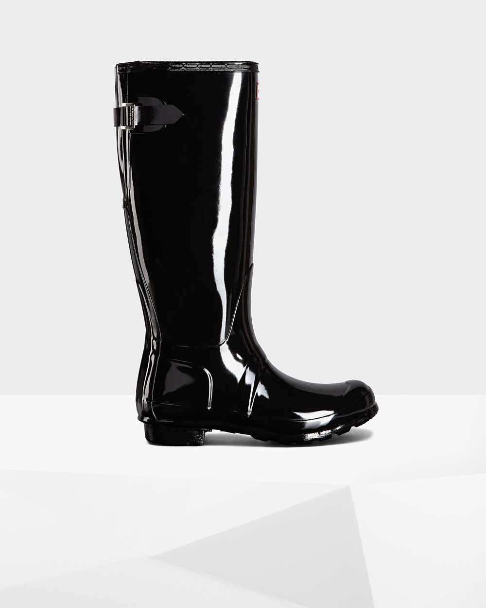 Womens Hunter Original Tall Back Adjustable Gloss Rain Boots Black | ILXEKH-956